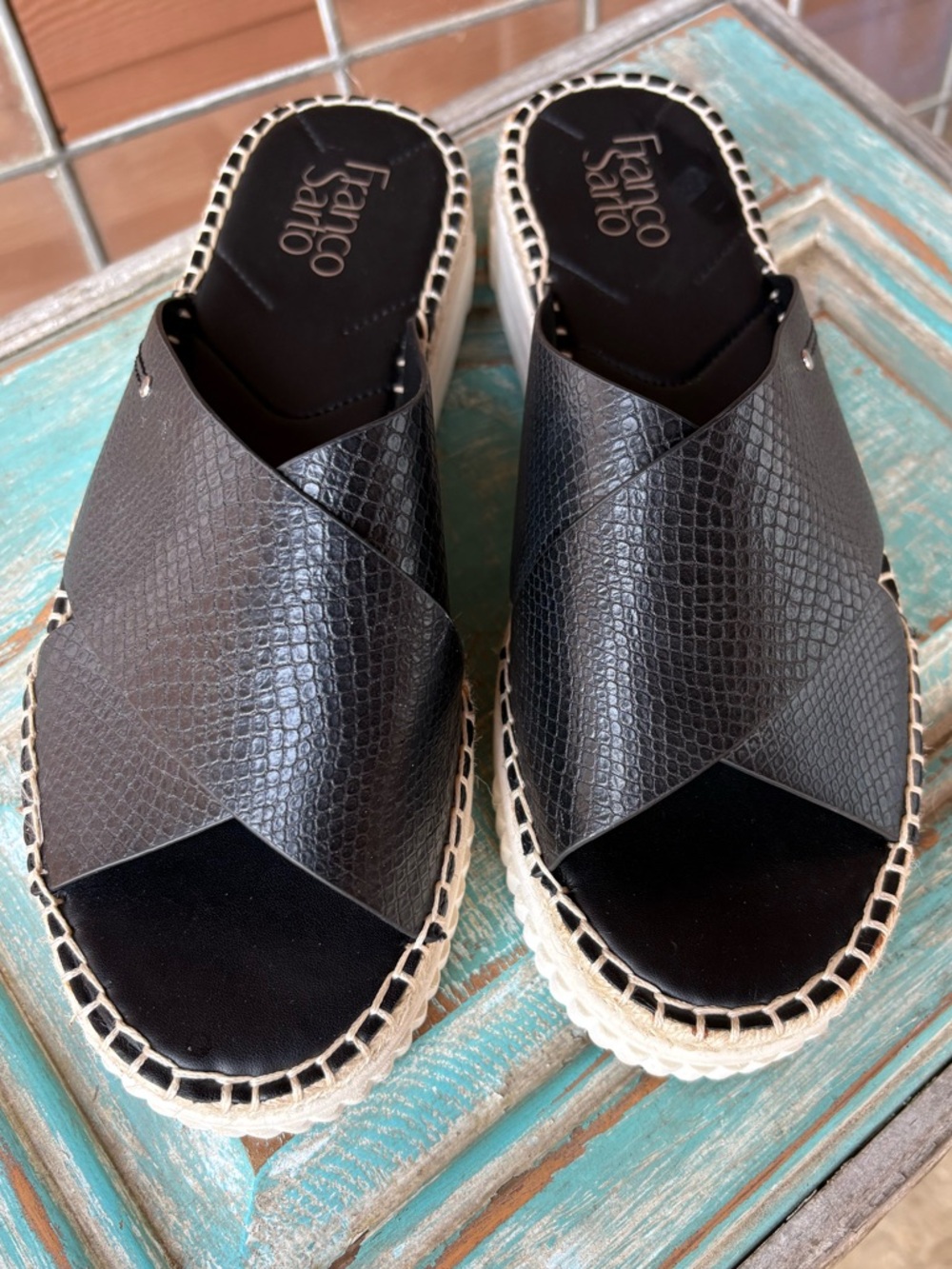 Franco Sarto Birch Black Crisscross Platform Espadrille Slide Sandals Size 10